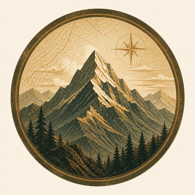 an emblem of a mountain peak inside a circle, simple bold shapes on a plain background, no text or lettering
