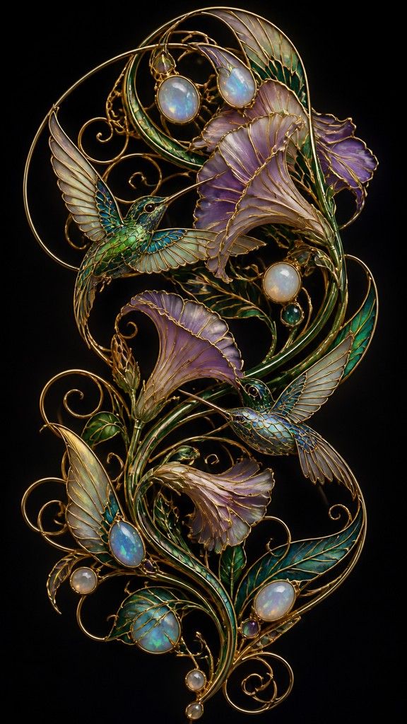 a climbing vine of flowers and hummingbirds on a dark background, tall wrapping composition, no text