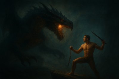 a painting of a man holding a sword next to a dragon
