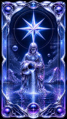 a robed figure pouring water beneath a large eight-pointed star in a night sky, symmetrical composition with an ornate decorative border, no text