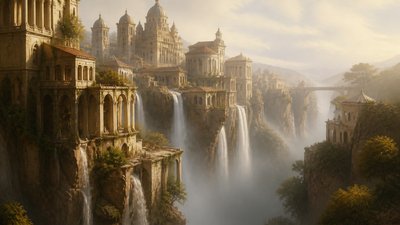 a cliffside city with waterfalls cascading into a misty canyon, wide establishing shot, no people, no text