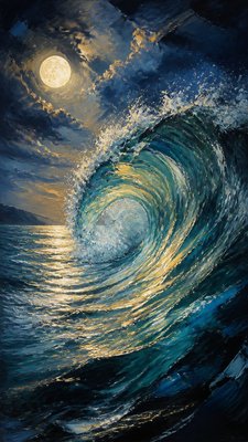 an ocean wave curling under moonlight, no people