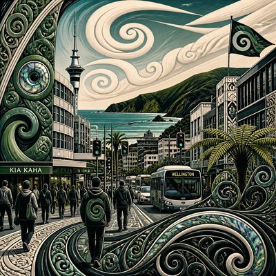 urban street with city activity — New Zealand Art Style