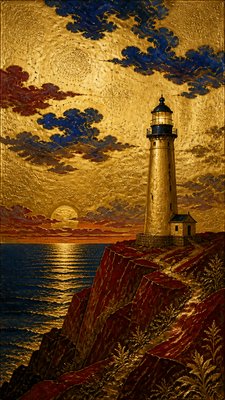 a lone lighthouse on a cliff at dusk under a dramatic sky, no text or lettering