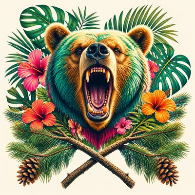 a roaring bear head above crossed pine branches, bold graphic composition on a plain background, no text