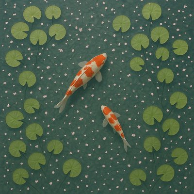A koi pond seen from above, orange and white koi fish swimming among lily pads, clear water with subtle ripples, fallen cherry blossom petals floating on the surface, dappled sunlight
