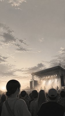 a live music scene with a glowing stage and silhouetted crowd, energetic vertical composition with open space at the top, no text