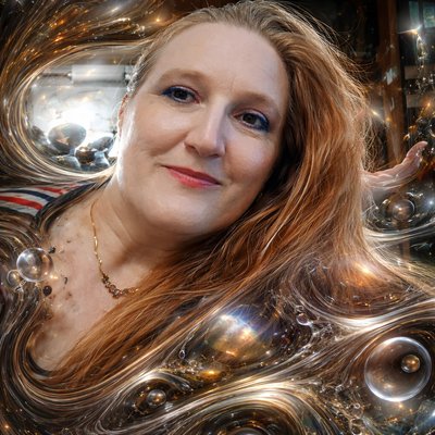 a woman with long red hair and blue eyes