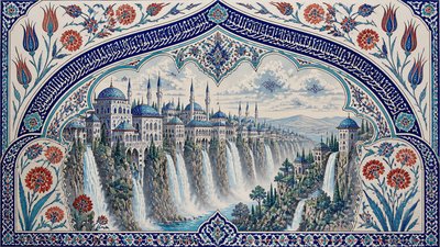 a cliffside city with waterfalls cascading into a misty canyon, wide establishing shot, no people, no text