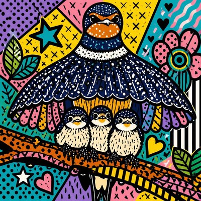 a painting of three birds perched on a branch