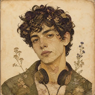 head-and-shoulders portrait of an original character: a young man with curly dark hair and headphones around his neck, plain backdrop, no text