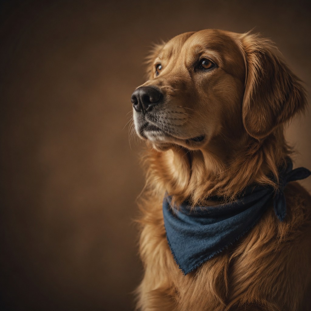 portrait of a golden retriever wearing a blue bandana, warm plain backdrop, no text