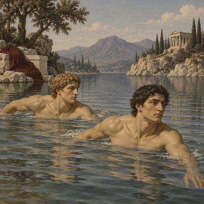 two greek athletes swimming in a lake au naturel 