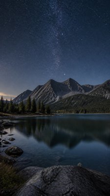 a tranquil mountain lake beneath a starry night sky, no people, no text