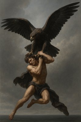 a painting of a man holding a large bird