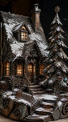 a snow-covered cottage with warm glowing windows beside a decorated pine tree, gentle snowfall, no text