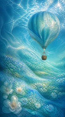 a hot air balloon drifting over rolling flower fields on a sunny day, cheerful, no text