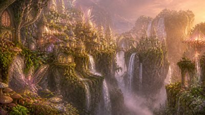 a cliffside city with waterfalls cascading into a misty canyon, wide establishing shot, no people, no text