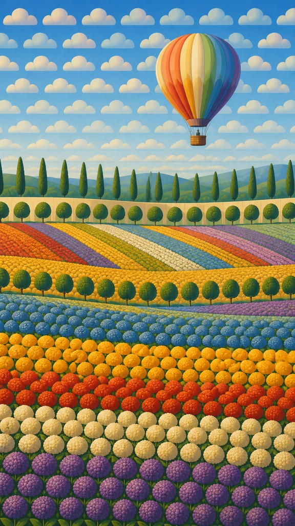 a hot air balloon drifting over rolling flower fields on a sunny day, cheerful, no text