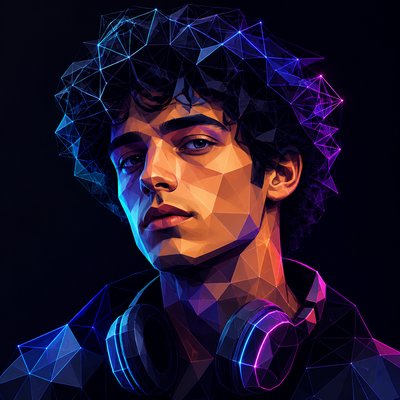 head-and-shoulders portrait of an original character: a young man with curly dark hair and headphones around his neck, plain backdrop, no text