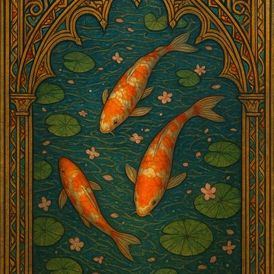 A koi pond seen from above, orange and white koi fish swimming among lily pads, clear water with subtle ripples, fallen cherry blossom petals floating on the surface, dappled sunlight