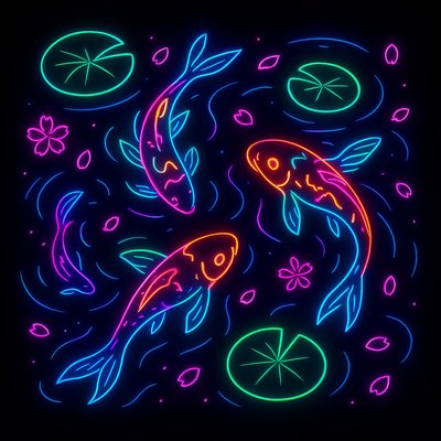 A koi pond seen from above, orange and white koi fish swimming among lily pads, clear water with subtle ripples, fallen cherry blossom petals floating on the surface, dappled sunlight