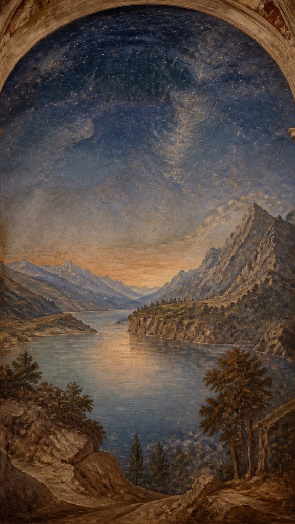 a tranquil mountain lake beneath a starry night sky, no people, no text