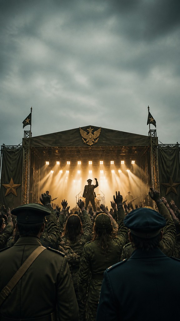 a live music scene with a glowing stage and silhouetted crowd, energetic vertical composition with open space at the top, no text
