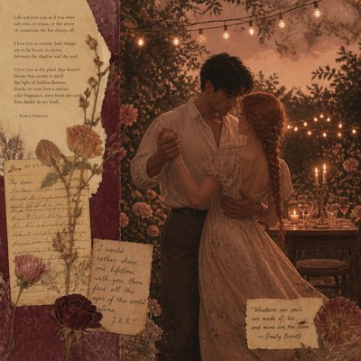 an original couple dancing under string lights in a garden at dusk: a man with short black hair in a linen shirt and a woman with braided red hair in a summer dress