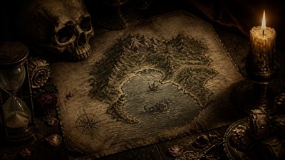 a map of an island realm with mountains, forests, a sheltered bay, sea monsters in the water and a compass rose, no text labels