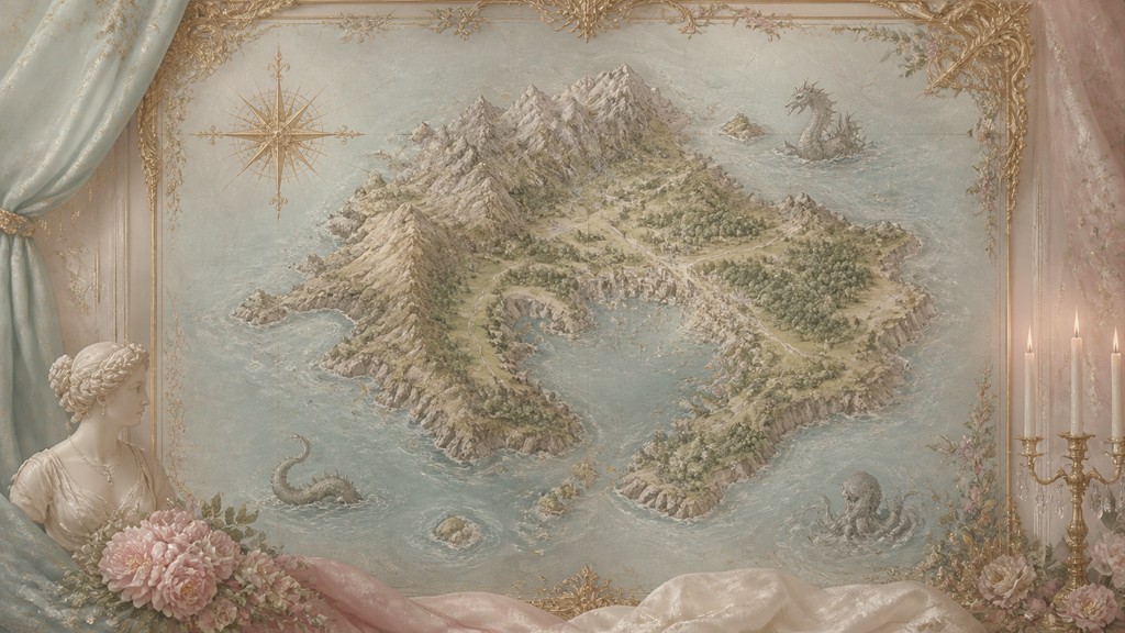 a map of an island realm with mountains, forests, a sheltered bay, sea monsters in the water and a compass rose, no text labels