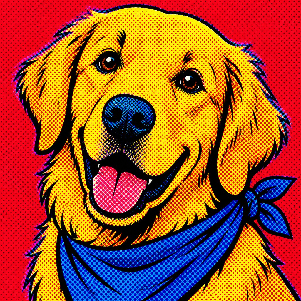 portrait of a golden retriever wearing a blue bandana, warm plain backdrop, no text