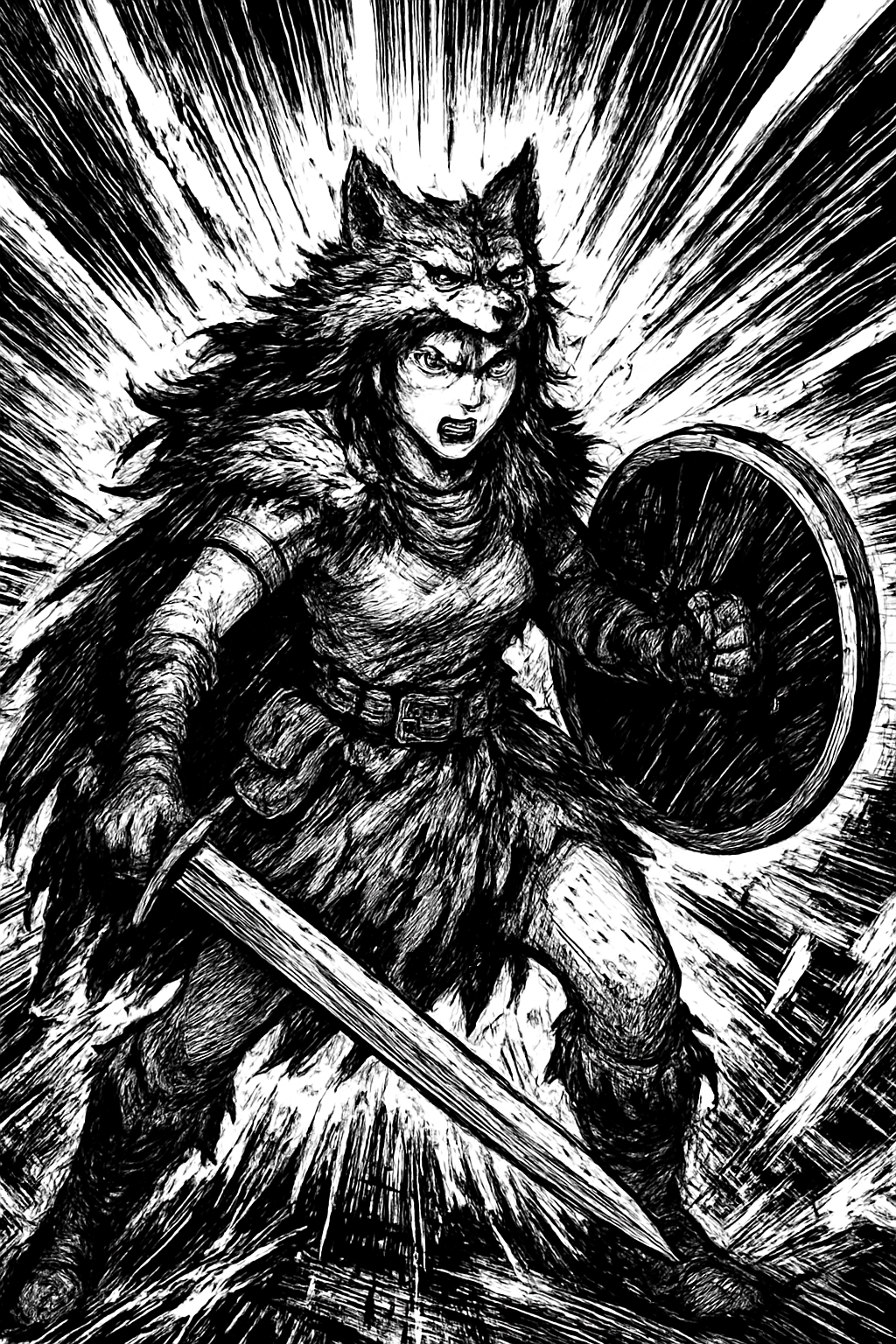 a black and white drawing of a person with a sword