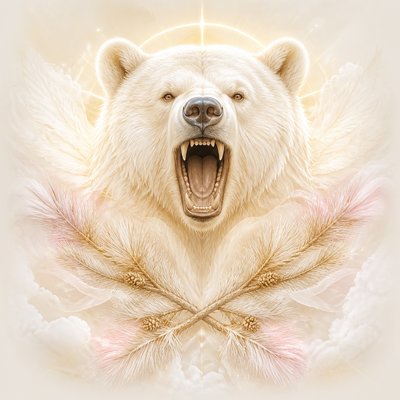 a roaring bear head above crossed pine branches, bold graphic composition on a plain background, no text