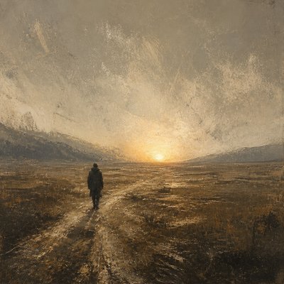 a solitary figure walking toward a glowing horizon across an empty plain, moody atmosphere, no text or lettering