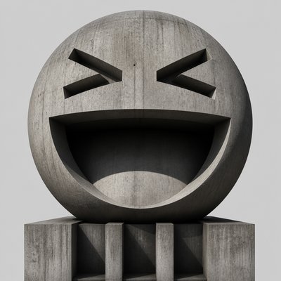 an exaggerated laughing face of an original round mascot character, bold and readable at small size, plain background, no text