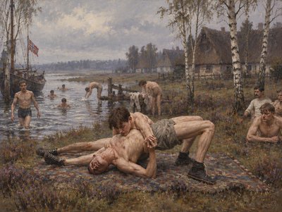 a painting of two men wrestling in the water