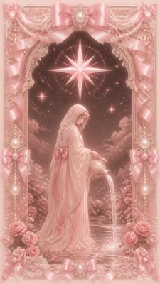 a robed figure pouring water beneath a large eight-pointed star in a night sky, symmetrical composition with an ornate decorative border, no text