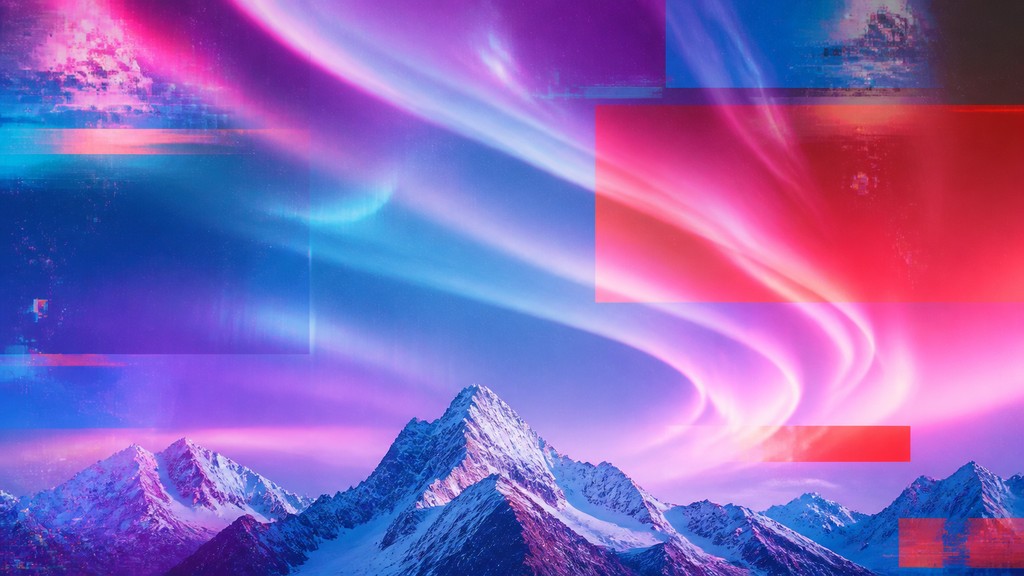 a flowing aurora over snowy peaks, wide sweeping composition, no people, no text