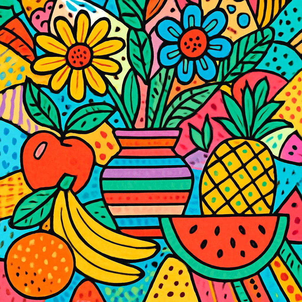 still life arrangement of fruits and flowers