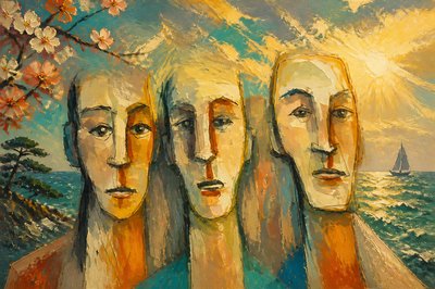 a painting of three faces with a sailboat in the background