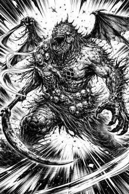 a black and white drawing of a demon