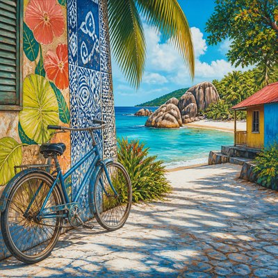 bicyle resting against a wall — Seychellois Art Style