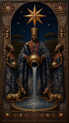 a robed figure pouring water beneath a large eight-pointed star in a night sky, symmetrical composition with an ornate decorative border, no text