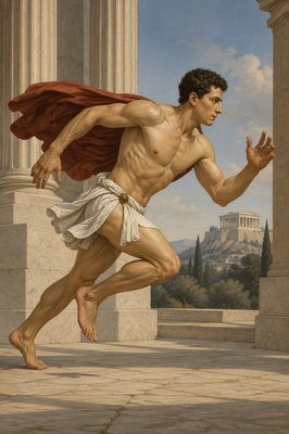 a painting of a man running in front of a building