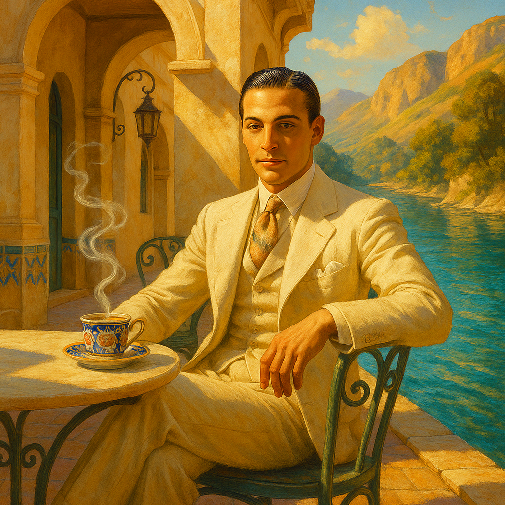 cinematic, vibrant scene of Rudolph Valentino in his youthful prime, seated at a French-style outdoor café table beside a clear, highly reflective teal-blue stream in the Italian mountains. He is strikingly handsome with smooth Mediterranean features, youthful charm, and a confident presence. He wears a tailored cream linen suit with a crisp white shirt, a silk cravat in soft pastel tones, and polished leather shoes. His hair is sleek and perfectly styled in a classic 1920s fashion, evoking timeless elegance. On the table rests a delicate porcelain coffee cup of fine Italian china, painted with intricate cobalt blue, gold, and crimson patterns. Steam rises gracefully from the cup, curling upward like ethereal ribbons, catching the sunlight in cinematic detail. The atmosphere glows with radiant, vibrant colors teal waters shimmering, golden mountain light illuminating the scene, reflections dance across the café table. No dark overlay, only luminous tones and crisp clarity.   