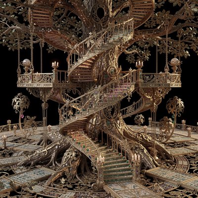 in the style of M.C. Escher, an array of endless staircases of impossible loops and bi-directional pathways, spiraling through a giant tree, Cinematic vibrant reflective jewel-toned colors, black background