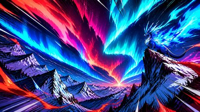a flowing aurora over snowy peaks, wide sweeping composition, no people, no text