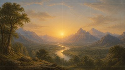 a vast valley with a river winding toward distant mountains at sunrise, no people, no text