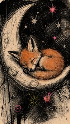 a sleeping baby fox curled on a crescent moon among soft stars, gentle and warm, no text